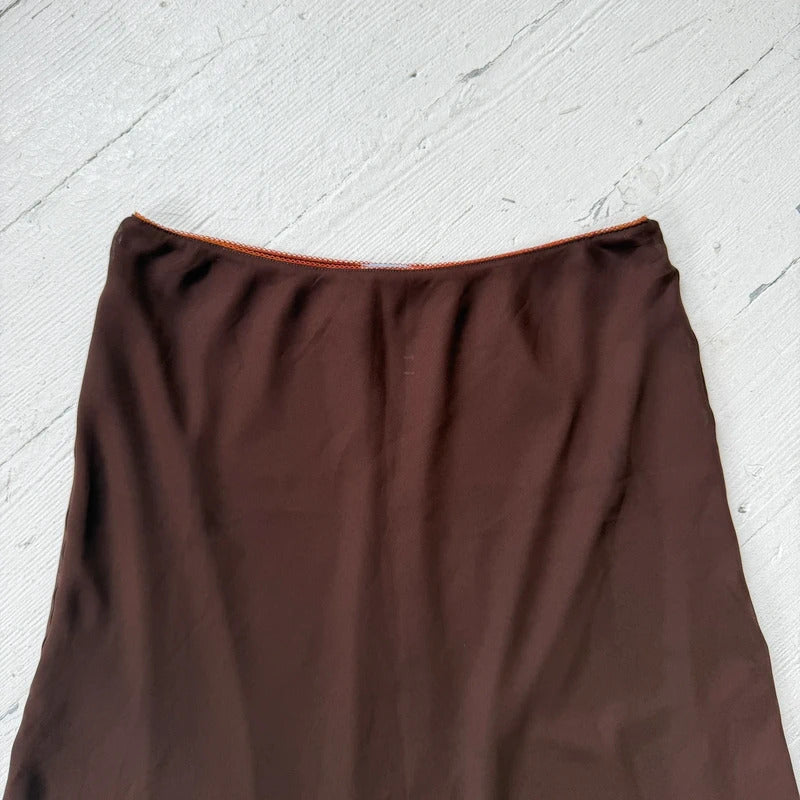 Brown Asymmetrical Mesh Midi Skirt