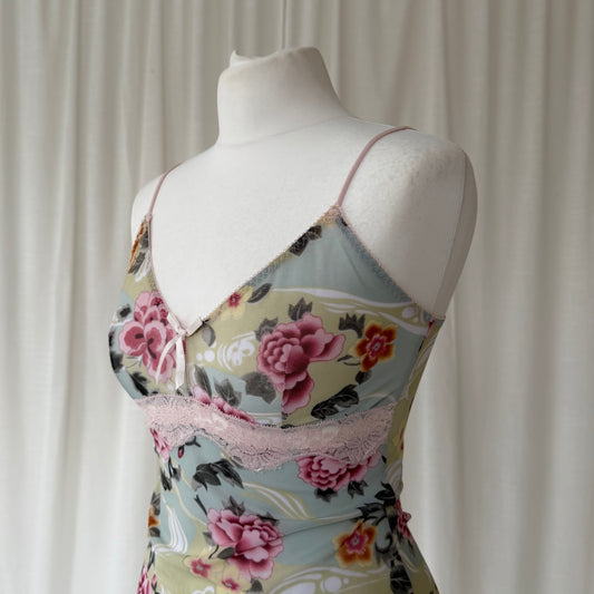 2000s Floral Mesh Lace Trim Cami Top