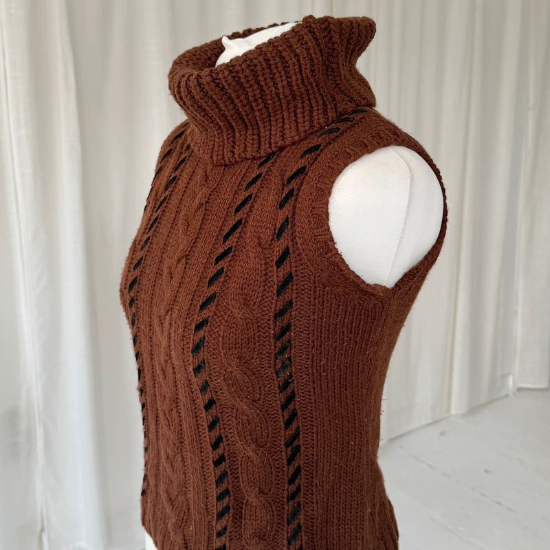 Brown Wool Cable Knit Roll Neck Vest