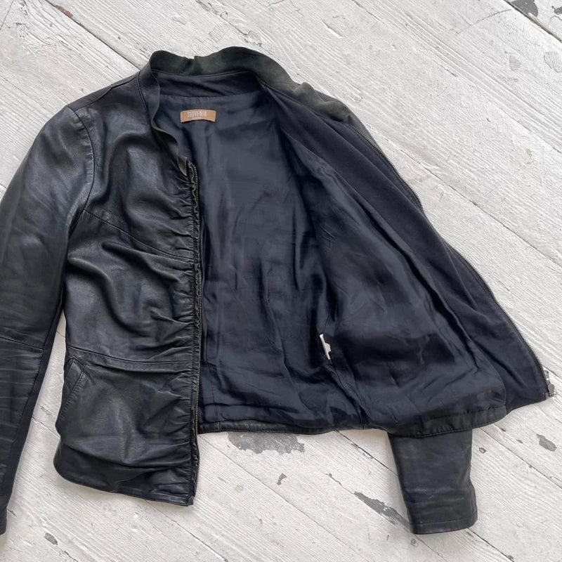 Italian Vintage Black Ruched Leather Jacket