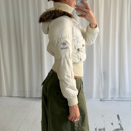 2000s Cream Cropped Puffer Bomber Jacket