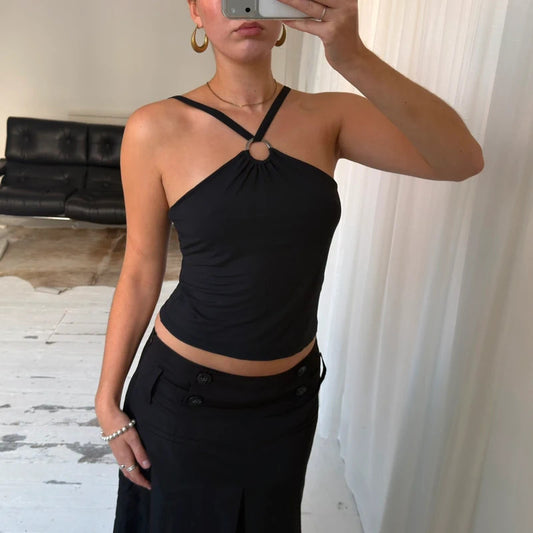 1990s Minimal Black O-Ring Halter Top