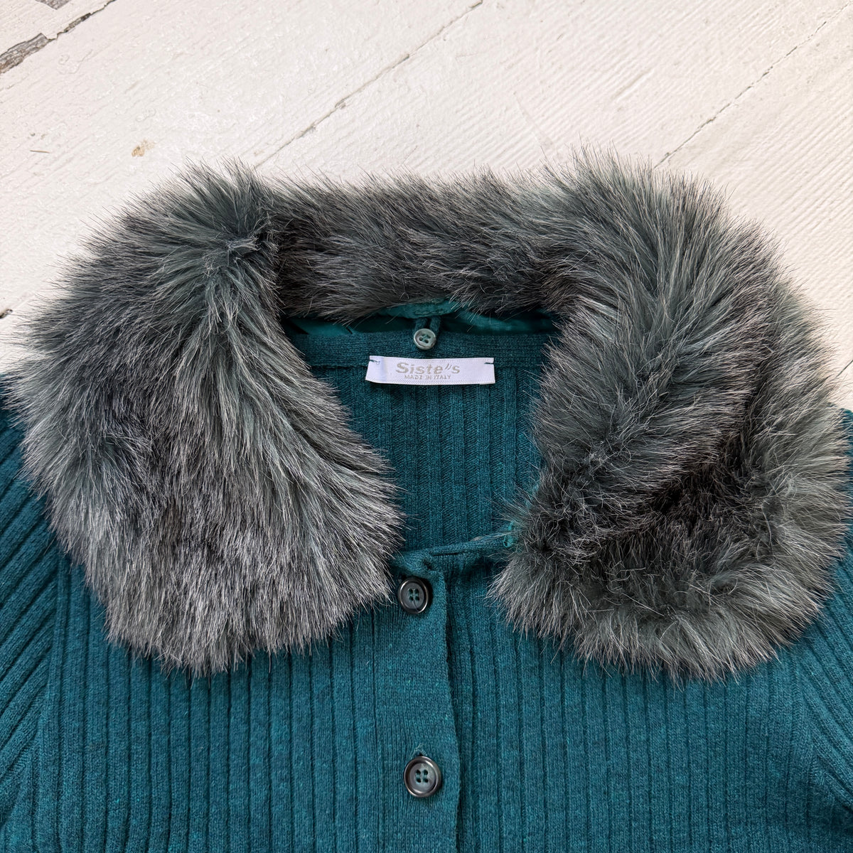 Italian Vintage Angora Wool Rib Knit Cardigan With Faux Fur Collar