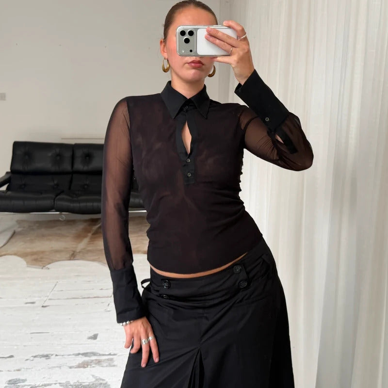 90s Black Sheer Mesh Shirt