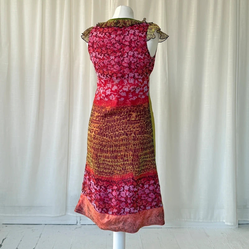 Y2K Patchwork Mesh Ruffle Midi Dress