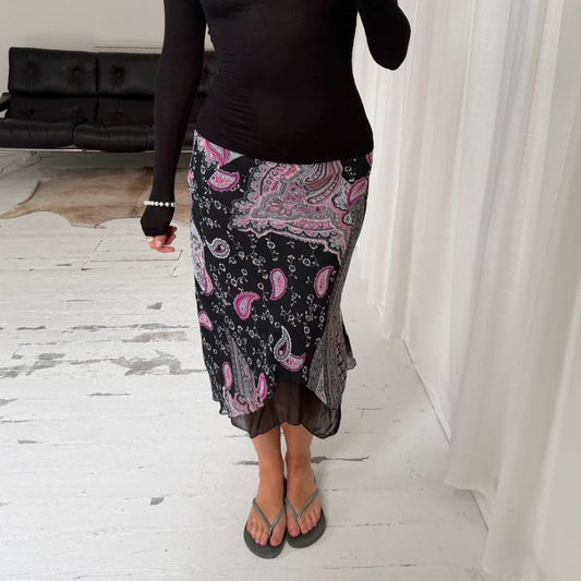 Paisley Patchwork Asymmetric Midi Skirt