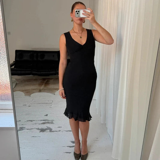90s Pure Silk Black Midi Dress