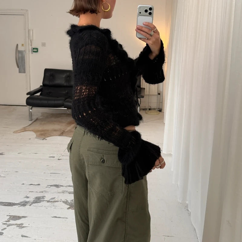 Black Angora Wool Crochet Knit Tie Cardigan