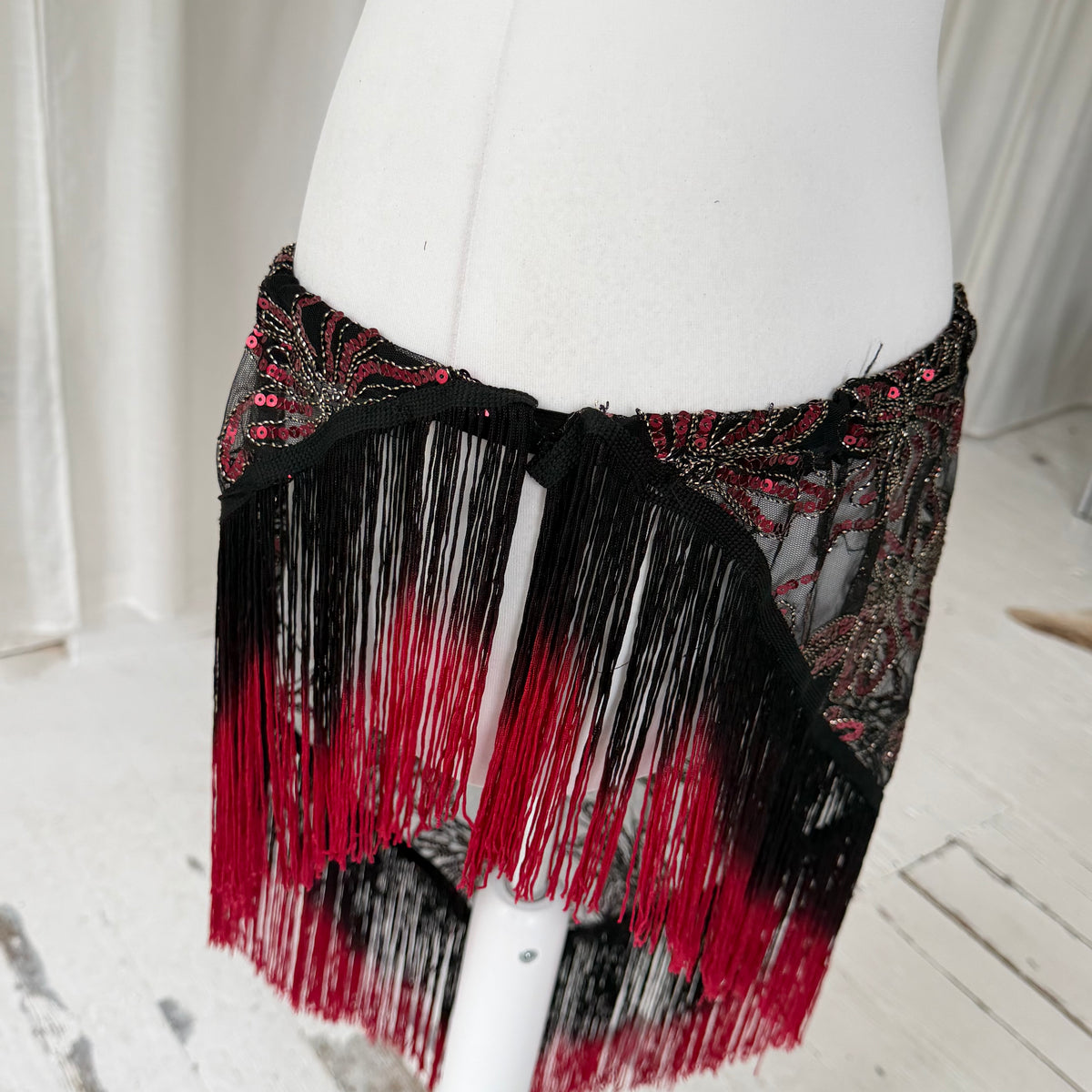 Sequin Mesh Asymmetric Tassel Sarong Skirt