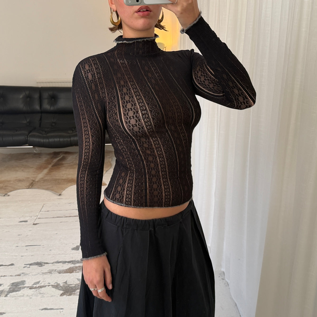 Black Pointelle Lace Knit Top