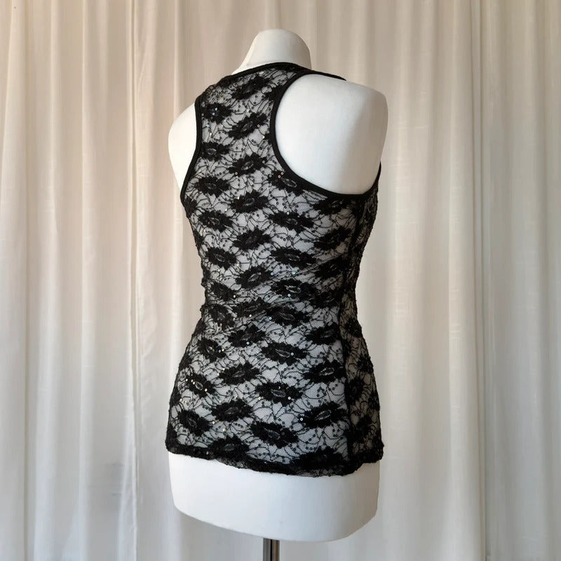 00s Sheer Sequin Lace Vest Top