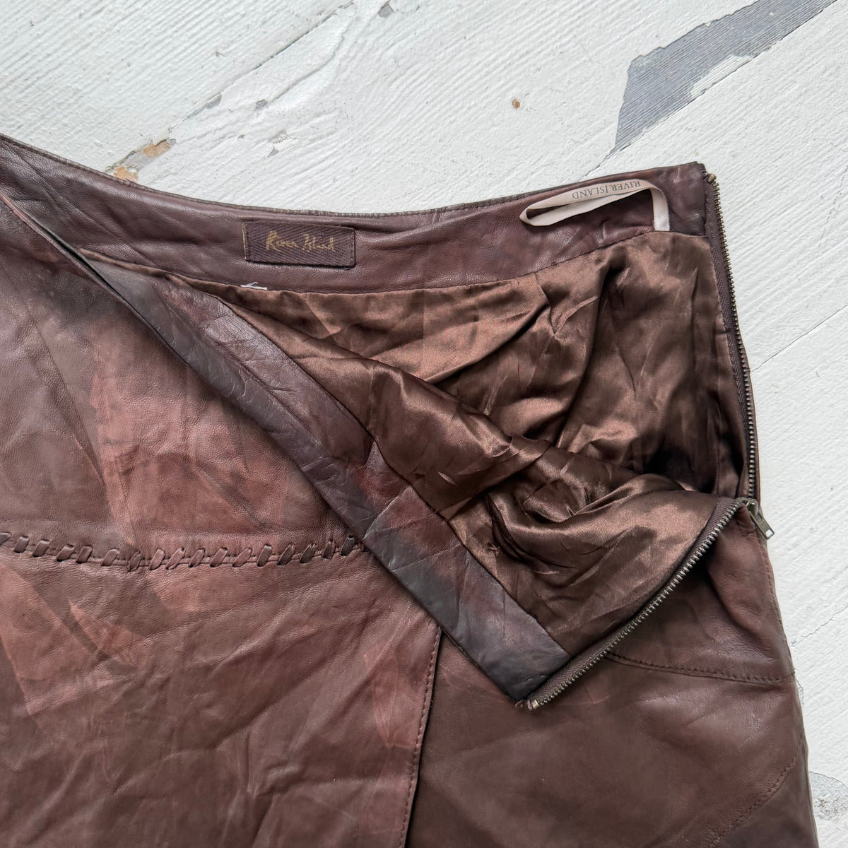 Brown Leather Asymmetric Midi Skirt
