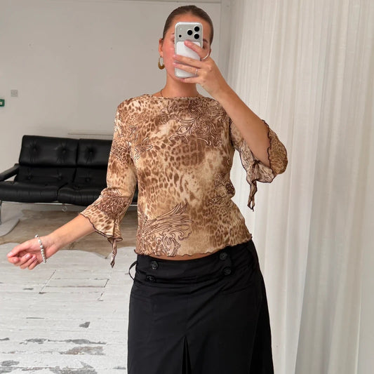 2000s Leopard Print Bell Sleeve Mesh Top