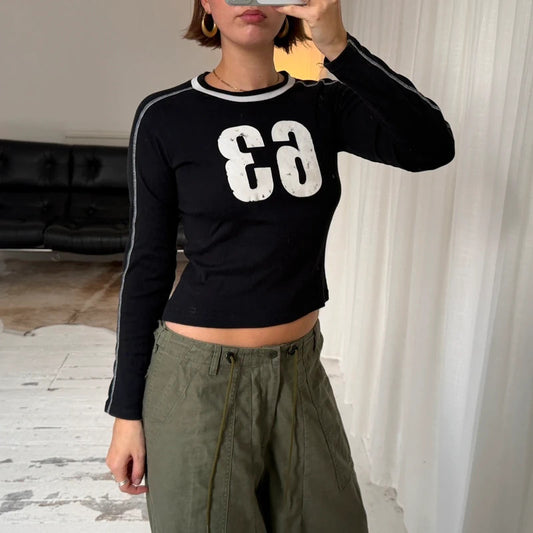 2000s Number Motif Long Sleeve Baby Tee