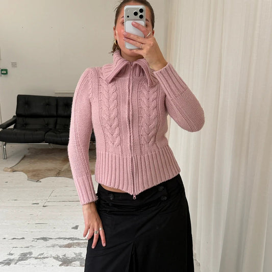 Pink Cable Knit Double Zip Jumper
