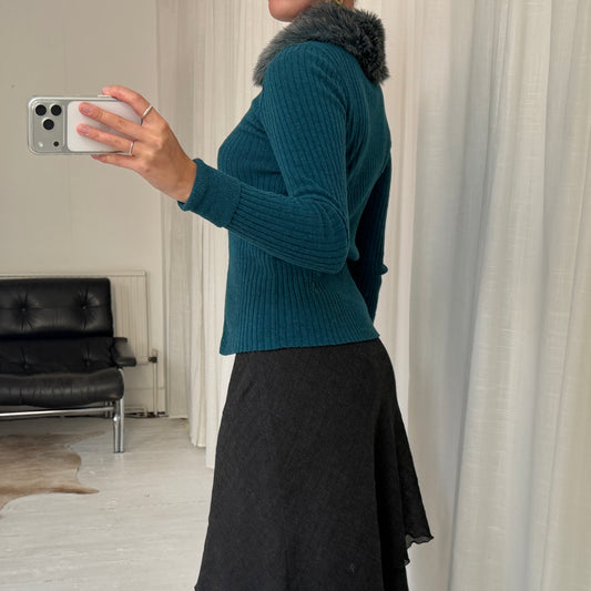 Italian Vintage Angora Wool Rib Knit Cardigan With Faux Fur Collar