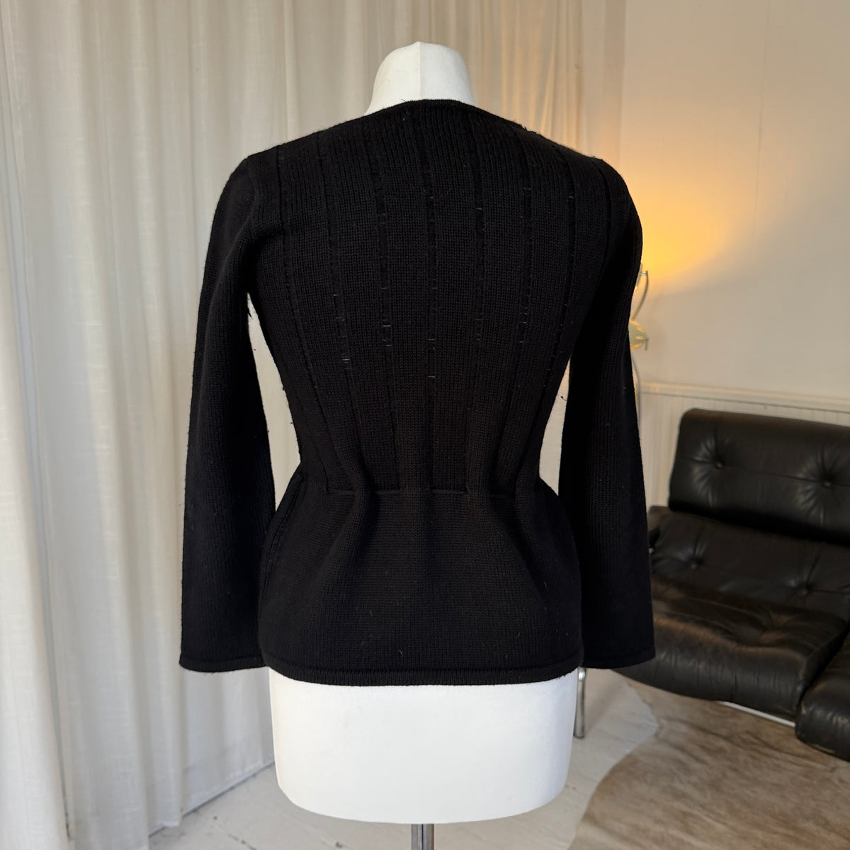 Italian Vintage Black Merino Wool Tie Detail Jumper