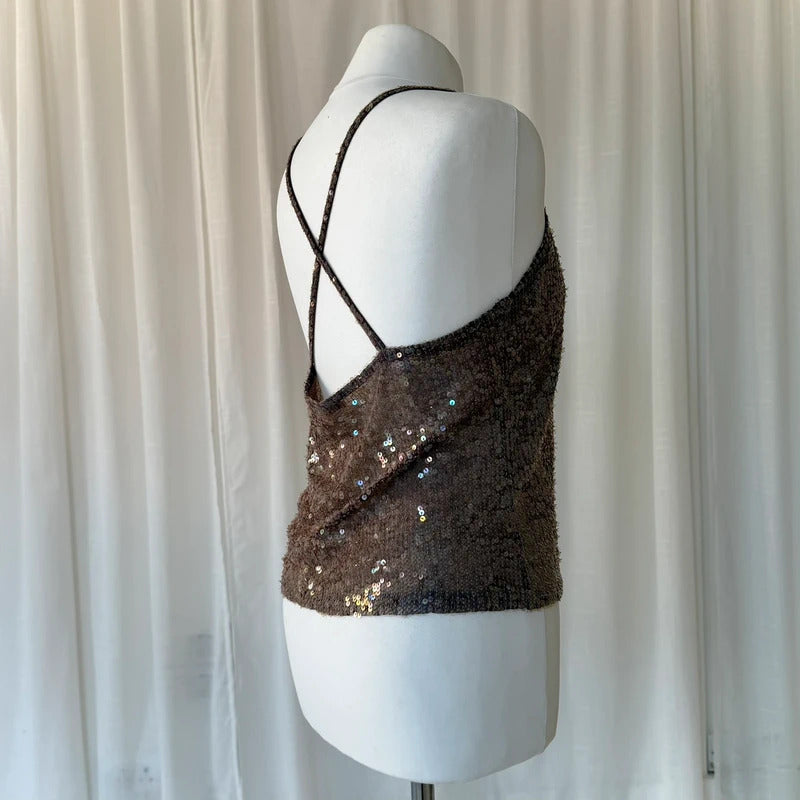 Sequin Cross Back Halter Top