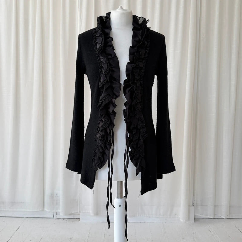 Black Wool Angora Lace Trim Tie Cardigan