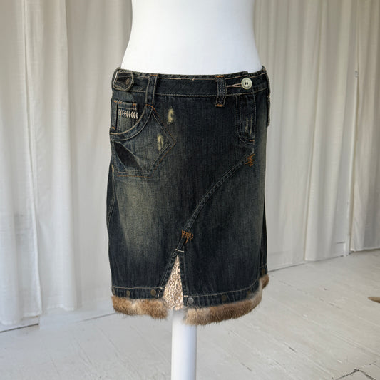 Italian Vintage Denim Fur Trim Midi Skirt