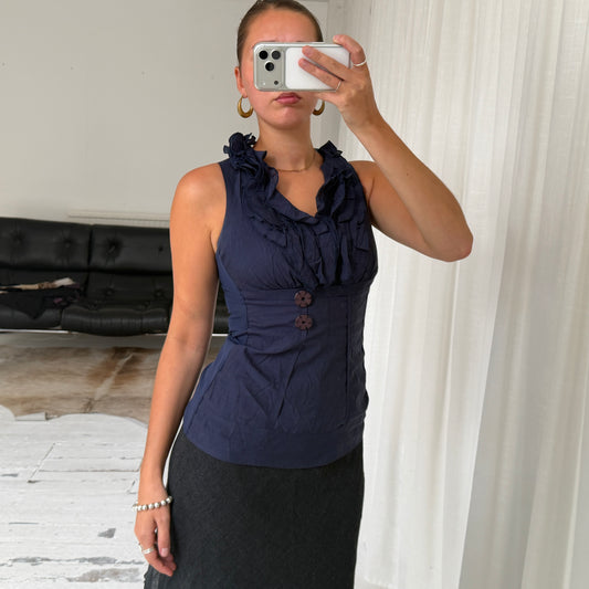 Navy Wool Blend Ruffle Top