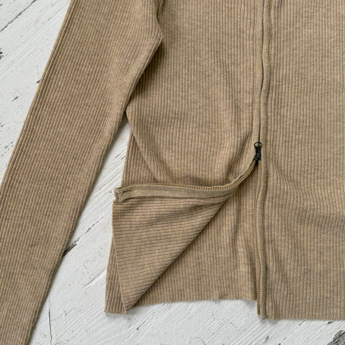 Beige Double Zip Ribbed Cardigan