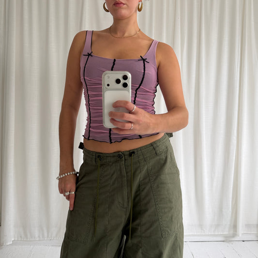 2000s Pink Ruched Mesh Corset Top