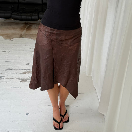 Brown Leather Asymmetric Midi Skirt