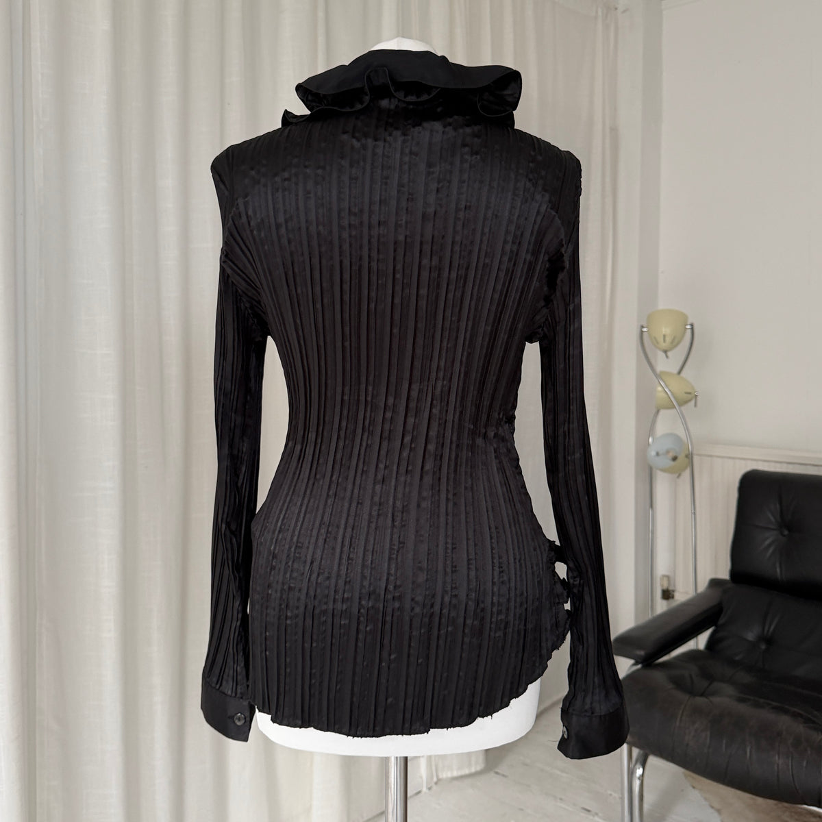90s Black Pleated Ruffle Blouse