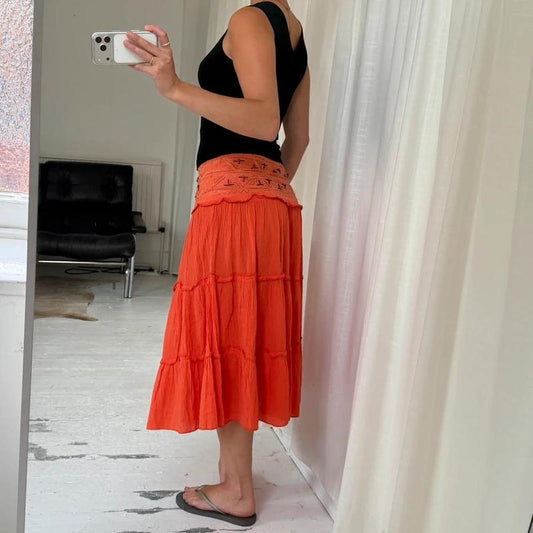 Orange Cotton Tiered Midi Skirt