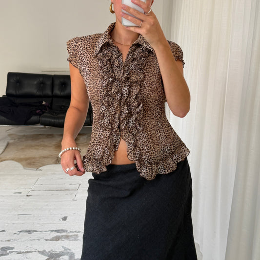 Silk Blend Leopard Ruffle Blouse