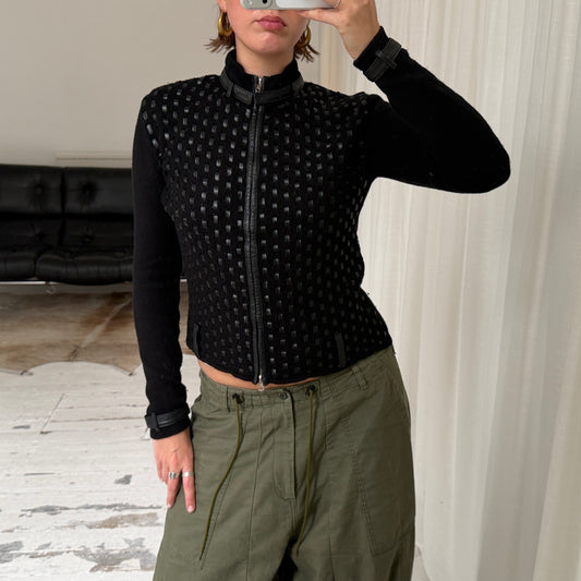Italian Vintage Silk Cotton & Leather Zip Jumper