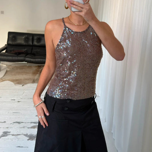 Sequin Cross Back Halter Top