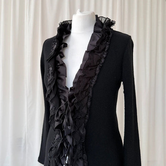 Black Wool Angora Lace Trim Tie Cardigan