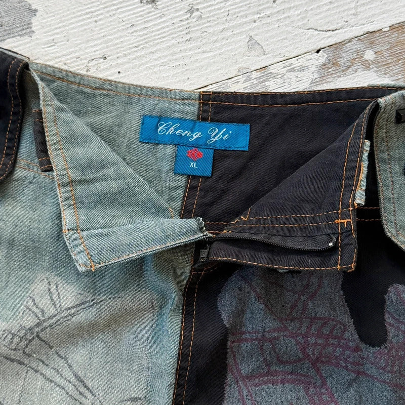 00s Graphic Patchwork Denim Maxi Skirt