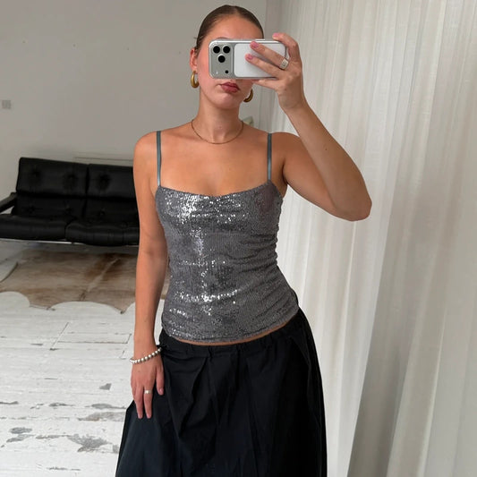 Silver Sequin Corset Cami Top