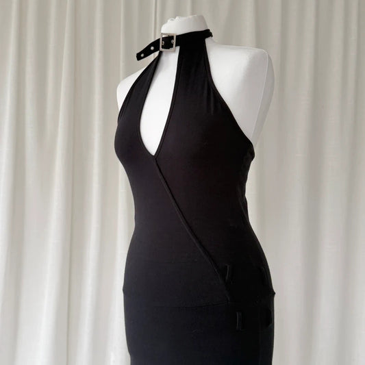 Black Halterneck Asymmetrical Mini Dress