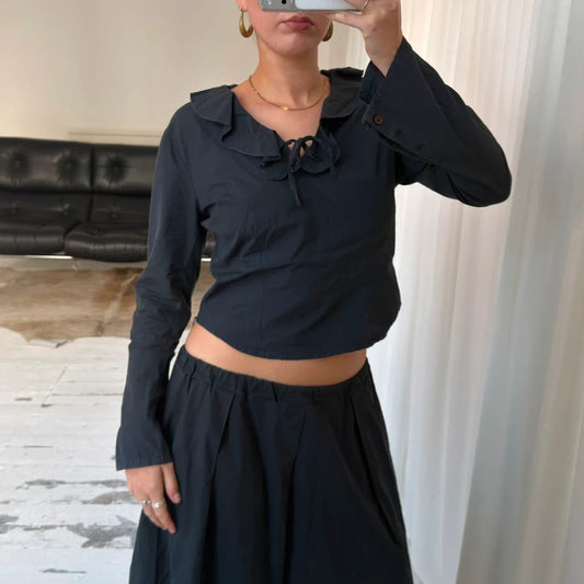 Charcoal Grey Ruffle Collar Tie Front Blouse