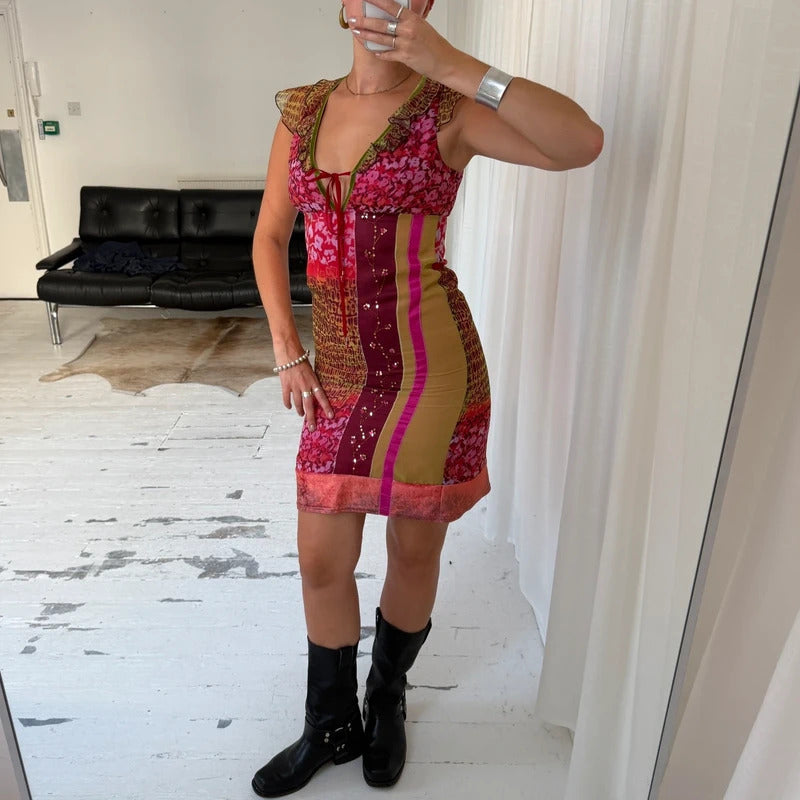 Y2K Patchwork Mesh Ruffle Midi Dress