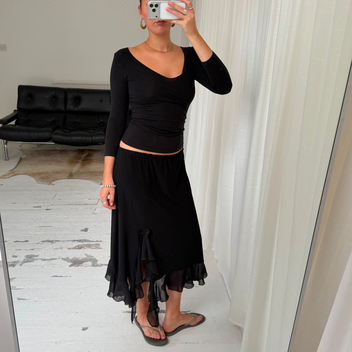 Black Ruffle Asymmetric Maxi Skirt
