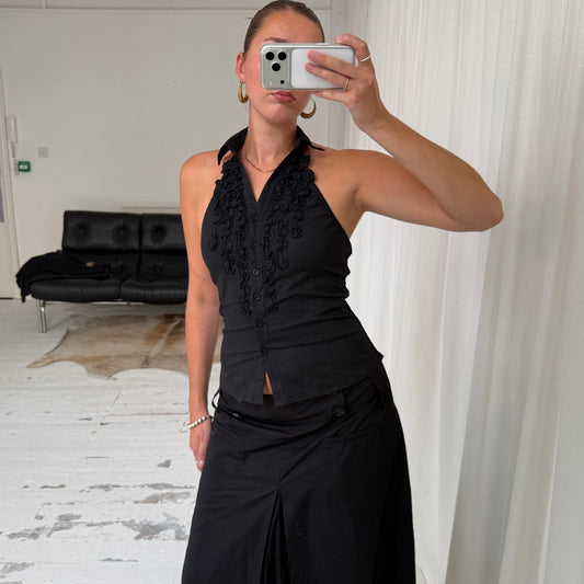 Black Ruffle Halterneck Top