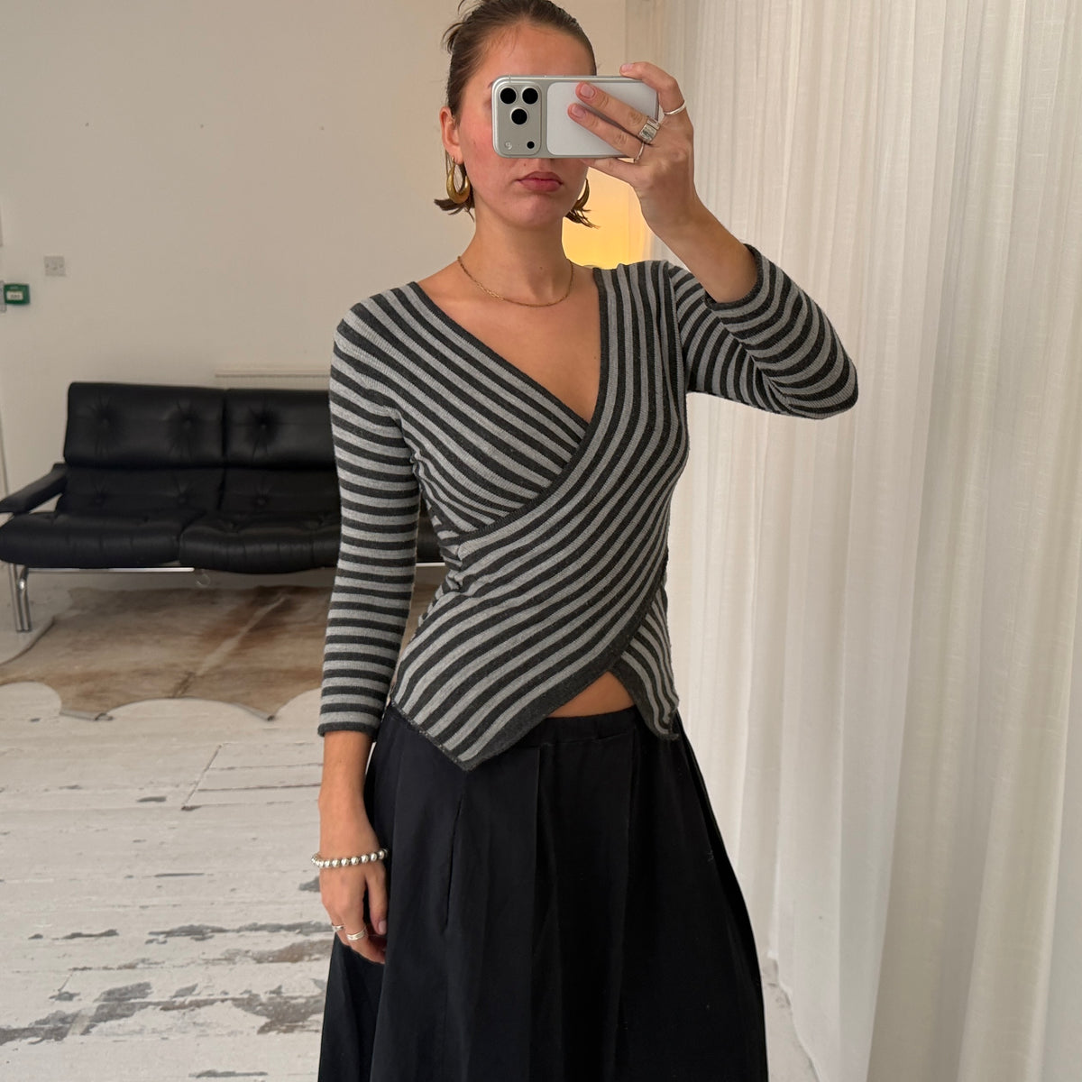 2000s Grey Striped Wrap Knit Top