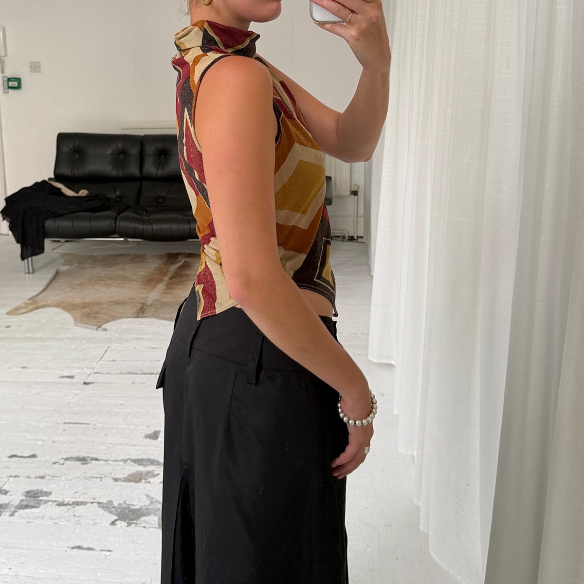 Italian Vintage Geometric Mesh High Neck Top