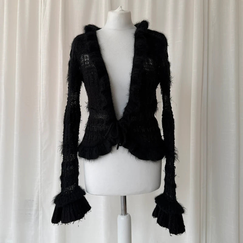 Black Angora Wool Crochet Knit Tie Cardigan