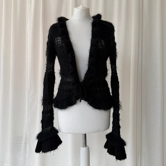 Black Angora Wool Crochet Knit Tie Cardigan