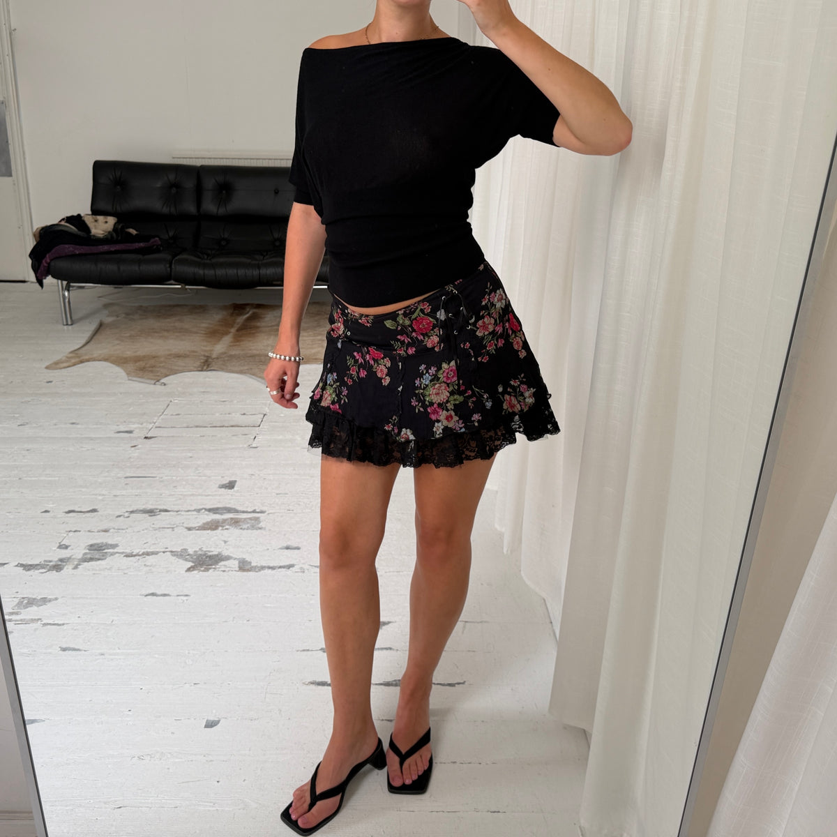 Black Floral Pure Silk Mini Skirt