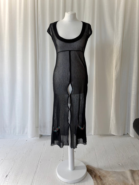 1990s Black Mesh Cut Out Midi Dress