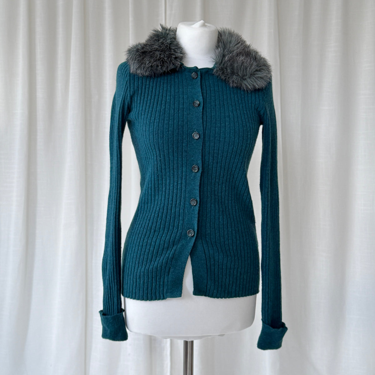 Italian Vintage Angora Wool Rib Knit Cardigan With Faux Fur Collar