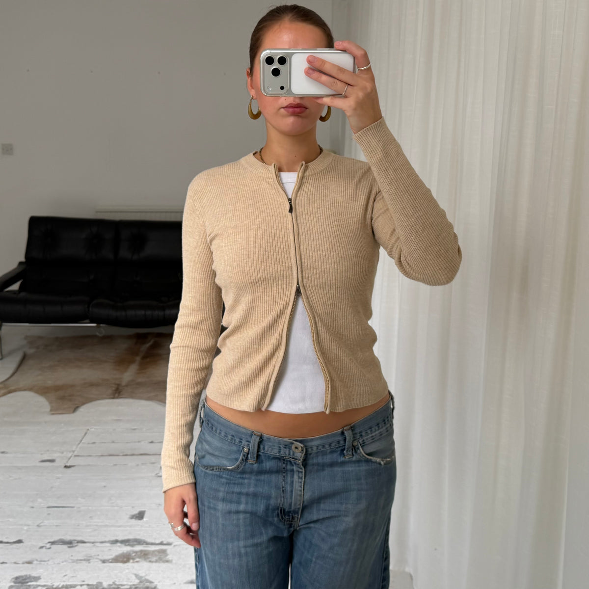 Beige Double Zip Ribbed Cardigan