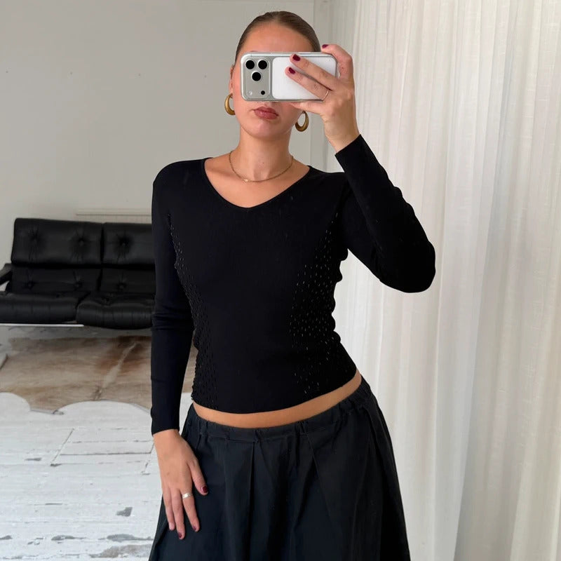 Italian Vintage Black Beaded Knit Top